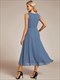 chiffon appliques v neck tea length sleevelesse wedding guest dress
