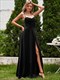 shiny sequin swing collar whoelsale evening dress with high split