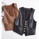 Women's Genuine Leather V-Neck Vest Western Trench Single Breasted Top