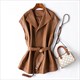 Women's Leather Sleeveless Jacket With Belt - Black Suit Collar Waistcoat