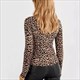 Leopard Print O-Neck Slim Fit Blouse With Hollow Out Long Sleeves