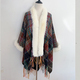 Striped Faux Fur Collar Cape Coat Knitted Poncho Wrap Fringe Cardigan