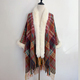 Striped Faux Fur Collar Cape Coat Knitted Poncho Wrap Fringe Cardigan