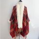 Striped Faux Fur Collar Cape Coat Knitted Poncho Wrap Fringe Cardigan