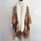 Striped Faux Fur Collar Cape Coat Knitted Poncho Wrap Fringe Cardigan