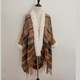 Striped Faux Fur Collar Cape Coat Knitted Poncho Wrap Fringe Cardigan