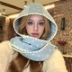 Knitted Hooded Scarf With Bow Print And Lace Trim
