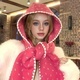 Knitted Hooded Scarf With Bow Print And Lace Trim