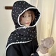Knitted Hooded Scarf With Bow Print And Lace Trim