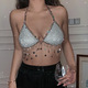 glitter rhinestone star tassel tank top for women backless v neck halter camisole rave festival party club crop tops