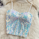 Off Shoulder Sequin Crop Top With Bra Pad And Pleated Patchwork