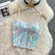 Off Shoulder Sequin Crop Top With Bra Pad And Pleated Patchwork