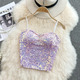 Off Shoulder Sequin Crop Top With Bra Pad And Pleated Patchwork