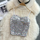 Off Shoulder Sequin Crop Top With Bra Pad And Pleated Patchwork