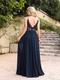 Navy Blue A-Line Evening Dress With Beaded Appliques And Illusion Details