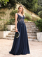 Navy Blue A-Line Evening Dress With Beaded Appliques And Illusion Details