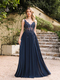 Navy Blue A-Line Evening Dress With Beaded Appliques And Illusion Details