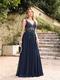Navy Blue A-Line Evening Dress With Beaded Appliques And Illusion Details