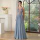 Navy Blue A-Line Evening Dress With Beaded Appliques And Illusion Details