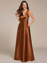 Bodenlanges Satin-Brautjungfernkleid mit tiefem V-Ausschnitt, Empire-Taille und Taschen