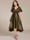 Elegant Ruffled Sleeve Midi Satin Wedding Guest Dress With Asymmetrical Hem
