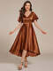 Elegant Ruffled Sleeve Midi Satin Wedding Guest Dress With Asymmetrical Hem