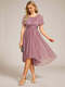 short sleeves pleated ruffle round neck asymmetrical midi wedding guest dress