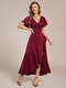 short sleeve ruffled v-neck asymmetrical hem midi bridesmaid dress