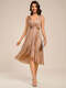 strapless v-neck see-through shimmer dress with asymmetrical hem wedding guest dress