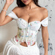 white Floral Print Mesh Corset Tank Top Off Shoulder Slim Vest