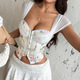 white Floral Print Mesh Corset Tank Top Off Shoulder Slim Vest