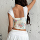 white Floral Print Mesh Corset Tank Top Off Shoulder Slim Vest