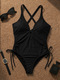 black Drawstring Side One Piece Swimsuit With Mesh Patchwork