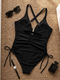 black Drawstring Side One Piece Swimsuit With Mesh Patchwork