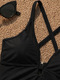 black Drawstring Side One Piece Swimsuit With Mesh Patchwork