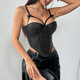 black Pu Leather Patchwork Lace Camisole Corset Top