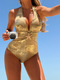gold Bronze One Piece Swimsuit Deep V Neck Backless Monokini