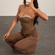 strapless Fishbone Tank Top - Lace Trim Brown Patchwork Front Button Slim Corset