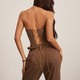 strapless Fishbone Tank Top - Lace Trim Brown Patchwork Front Button Slim Corset