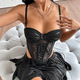 black Mesh Patchwork Camisole With Front Tie Lace Corset