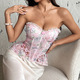 pink Floral Embroidered Corset Vest Top With Lace Trim