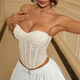 beige Lace Corset Tank Top Women U-Neck Slim Fit Fishbone Waist Cinching Vest