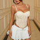beige Lace Corset Tank Top Women U-Neck Slim Fit Fishbone Waist Cinching Vest