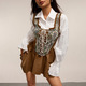 brown Floral Print Corset Tank Top With Front Bandage And Ruffles