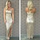 Champagnerfarbenes langes Sheath-Prom-Kleid mit trägerlosem Design, Pailletten und Schlitz