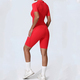 Damen Zip Front Kurzarm Bodysuit Jumpsuit für Gym & Yoga