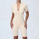 Damen Zip Front Kurzarm Bodysuit Jumpsuit für Gym & Yoga