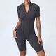 Damen Zip Front Kurzarm Bodysuit Jumpsuit für Gym & Yoga