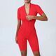 Damen Zip Front Kurzarm Bodysuit Jumpsuit für Gym & Yoga
