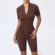 Damen Zip Front Kurzarm Bodysuit Jumpsuit für Gym & Yoga